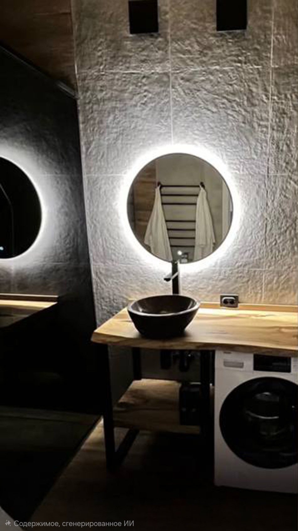 Тумба со столешницей из грецкого ореха и раковиной из речного камня